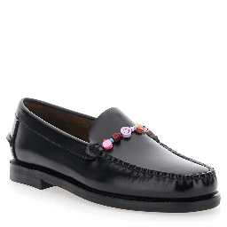 Loafers FRANK BEADS WOMAN Black with Rounded Toe in Leather for Women