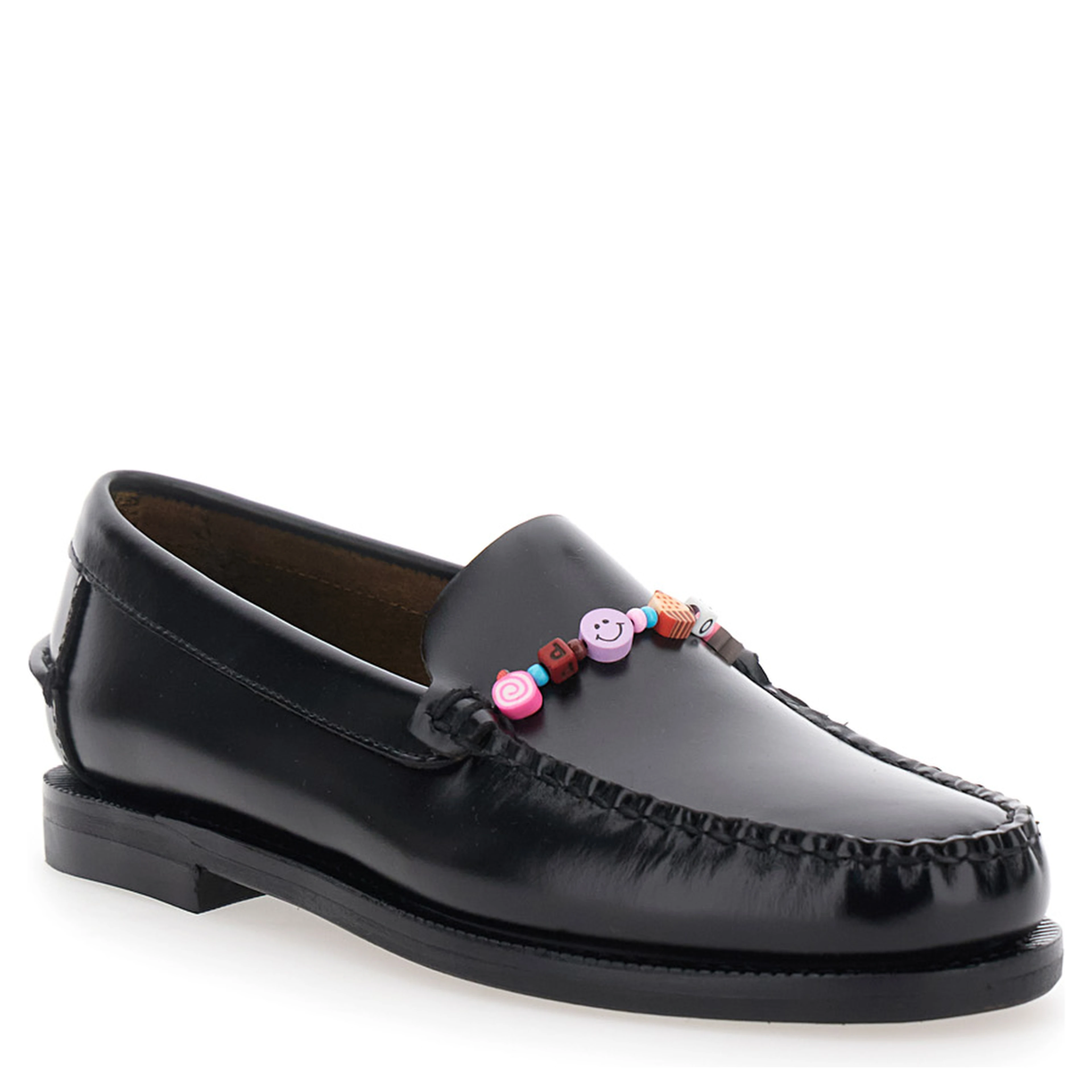 Loafers FRANK BEADS WOMAN Black with Rounded Toe in Leather for Women
