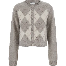 Cardigan ARGYLE with V-neck and long sleeves in cashmere Beige women