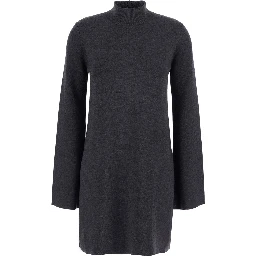 Knit dress with high collar and long sleeves, in fabric, gray, women