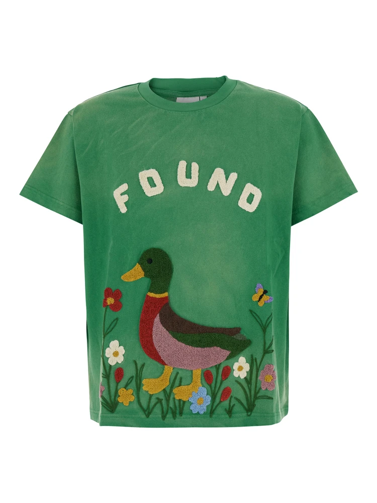 Green Crew Neck T-Shirt with Maxi Print on the Front in Cotton for Men