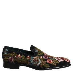 Black Velvet Floral Embroidery Loafers Shoes