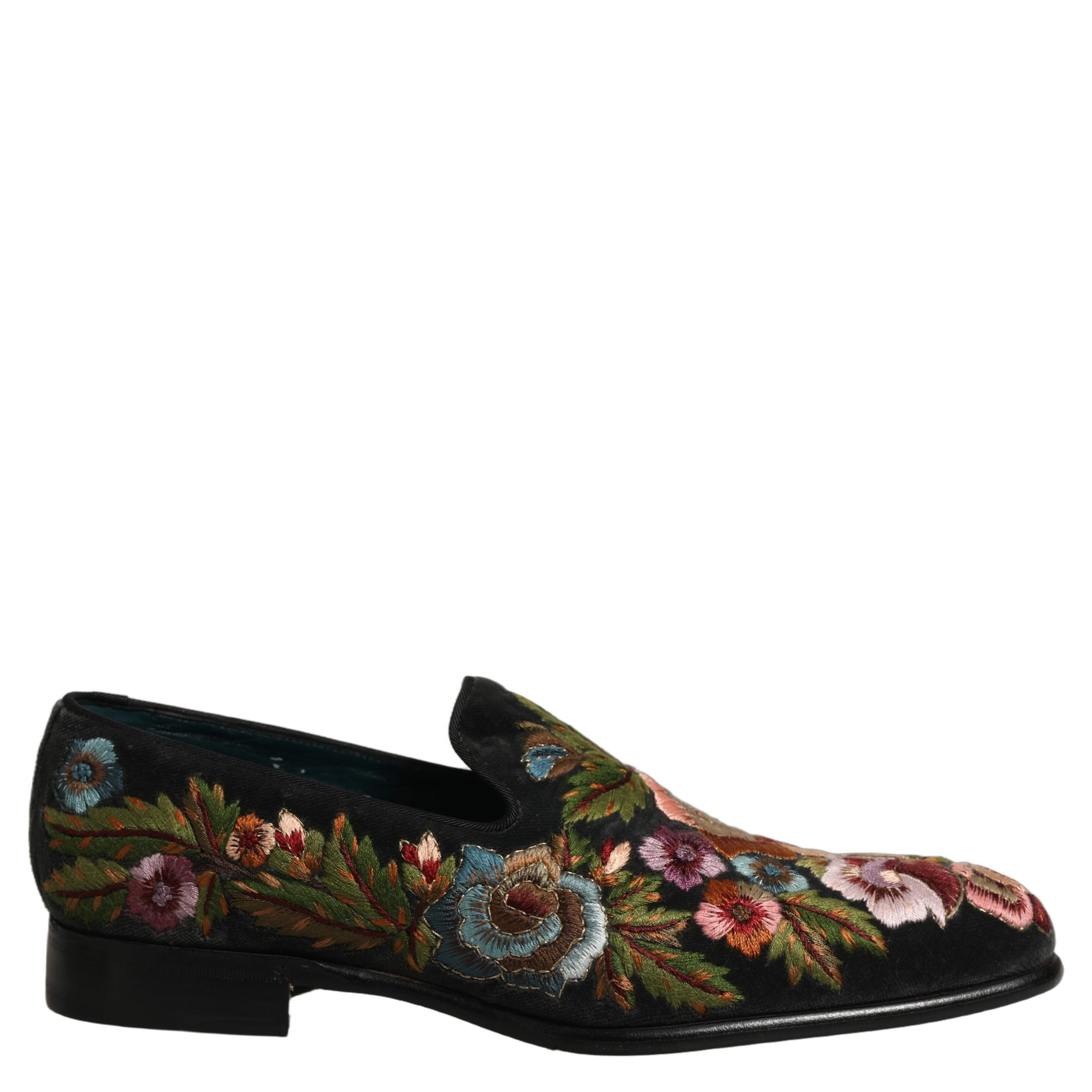 Black Velvet Floral Embroidery Loafers Shoes