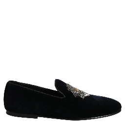 Blue Velvet Embellished Slip On Loafers Shoes