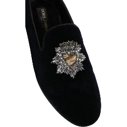 Blue Velvet Embellished Slip On Loafers Shoes
