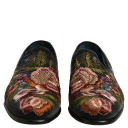 Black Velvet Floral Embroidery Loafers Shoes