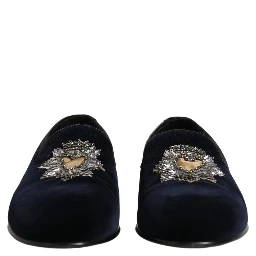Blue Velvet Embellished Slip On Loafers Shoes