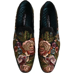 Black Velvet Floral Embroidery Loafers Shoes