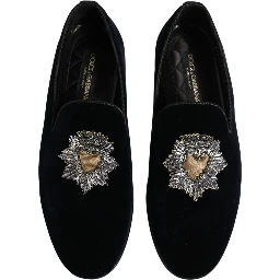 Blue Velvet Embellished Slip On Loafers Shoes