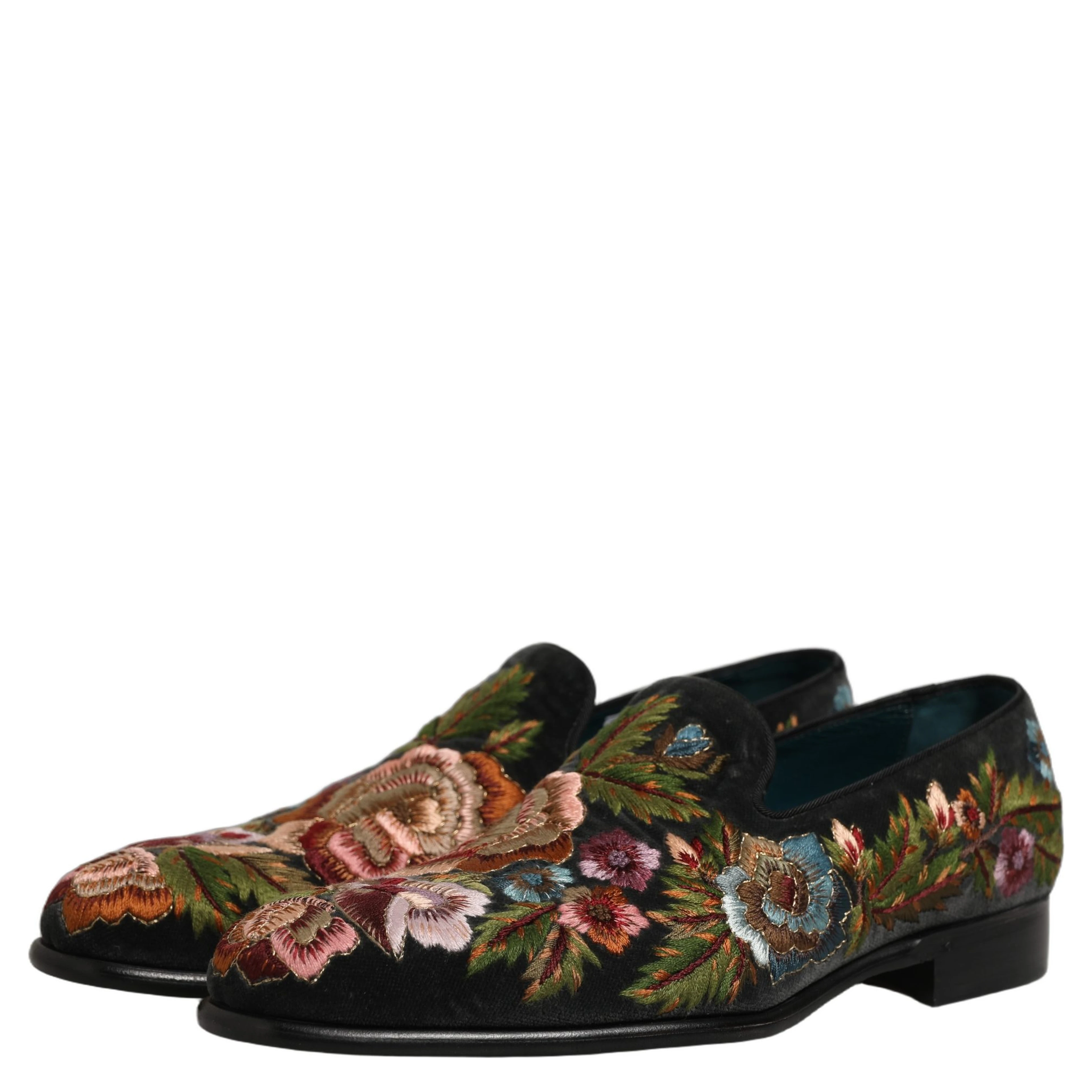 Black Velvet Floral Embroidery Loafers Shoes