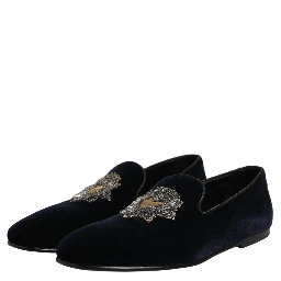 Blue Velvet Embellished Slip On Loafers Shoes
