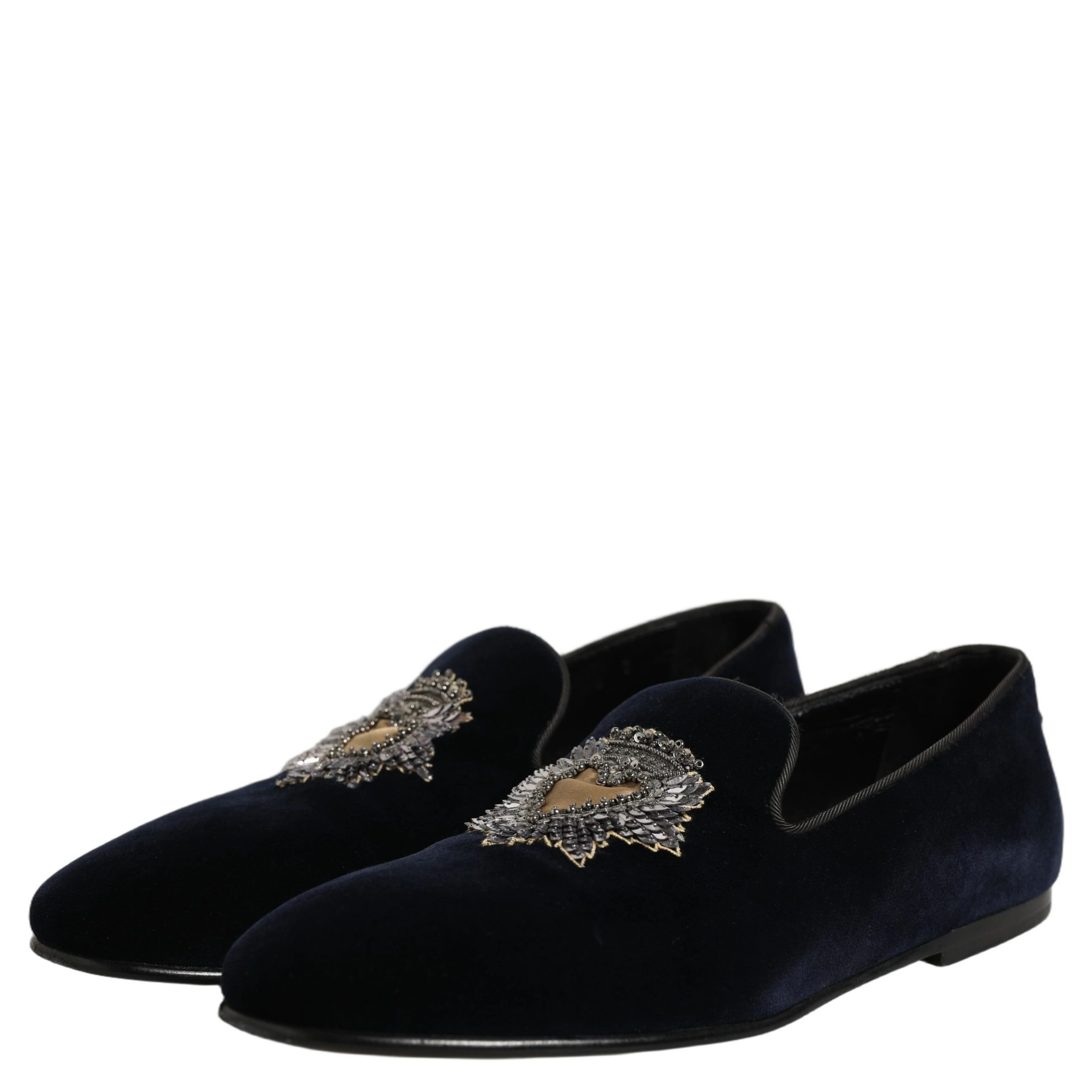 Blue Velvet Embellished Slip On Loafers Shoes