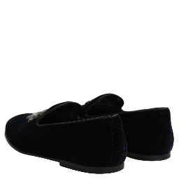 Blue Velvet Embellished Slip On Loafers Shoes