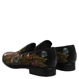 Black Velvet Floral Embroidery Loafers Shoes