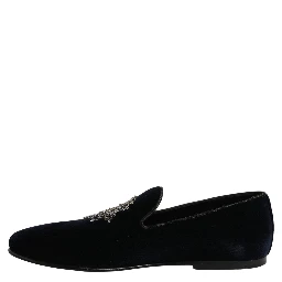 Blue Velvet Embellished Slip On Loafers Shoes