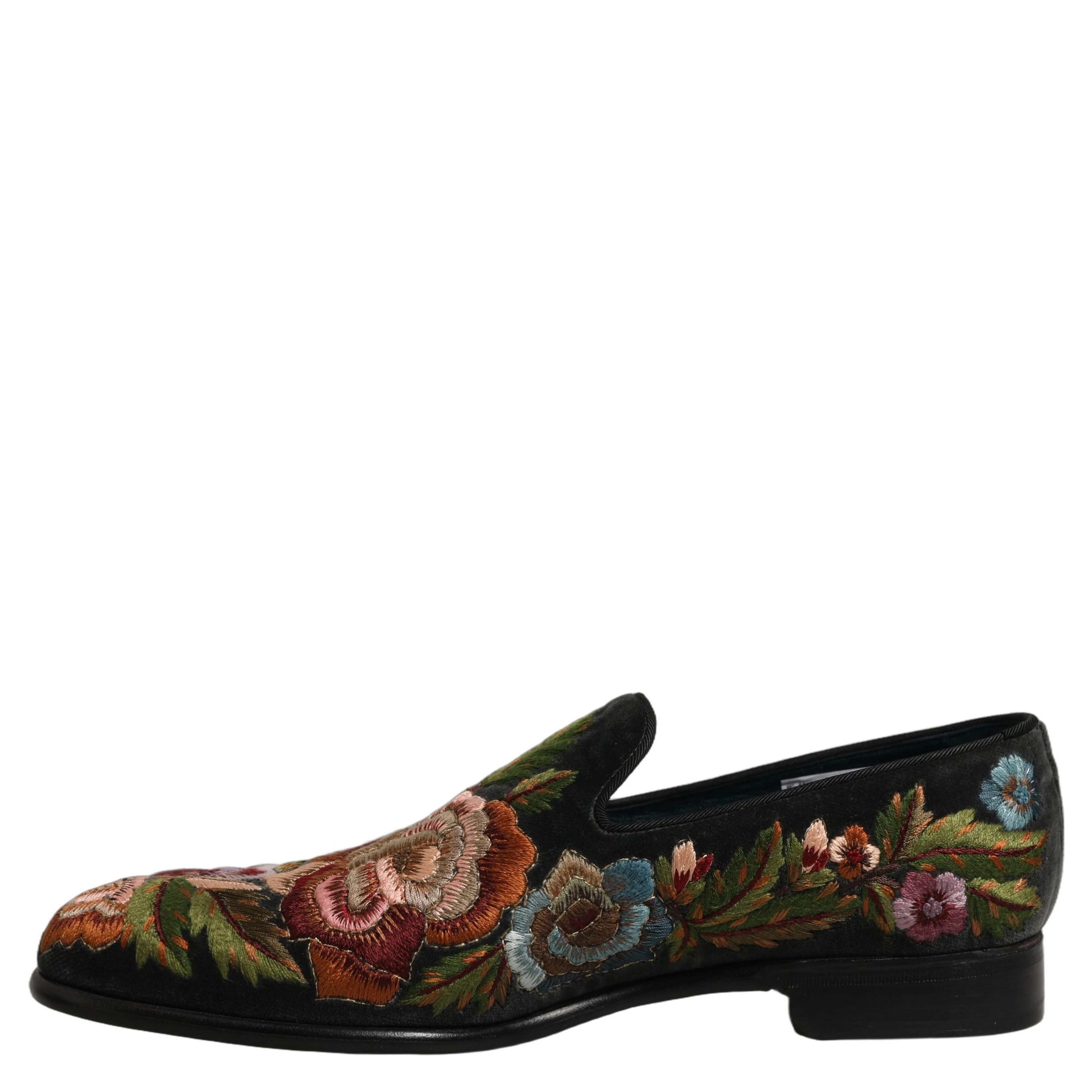 Black Velvet Floral Embroidery Loafers Shoes