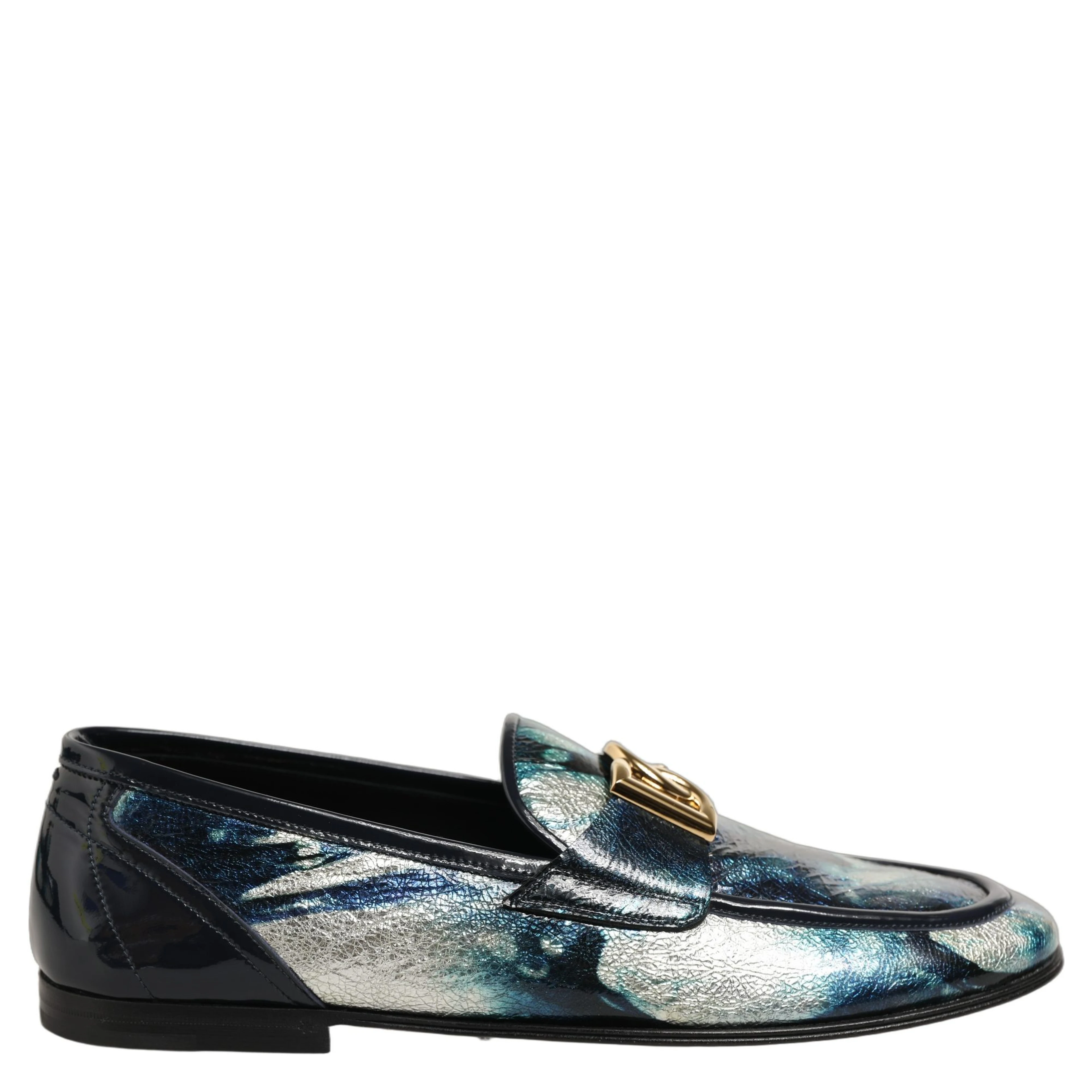 Metallic Blue Silver Leather DG Loafers Shoes