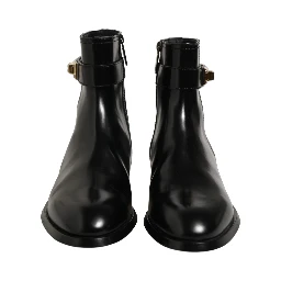 Black Leather Buckle Mid Calf Boots Shoes