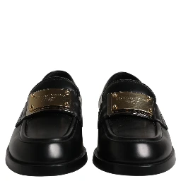Black Leather Logo Plaque Loafers Shoes