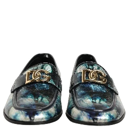 Metallic Blue Silver Leather DG Loafers Shoes