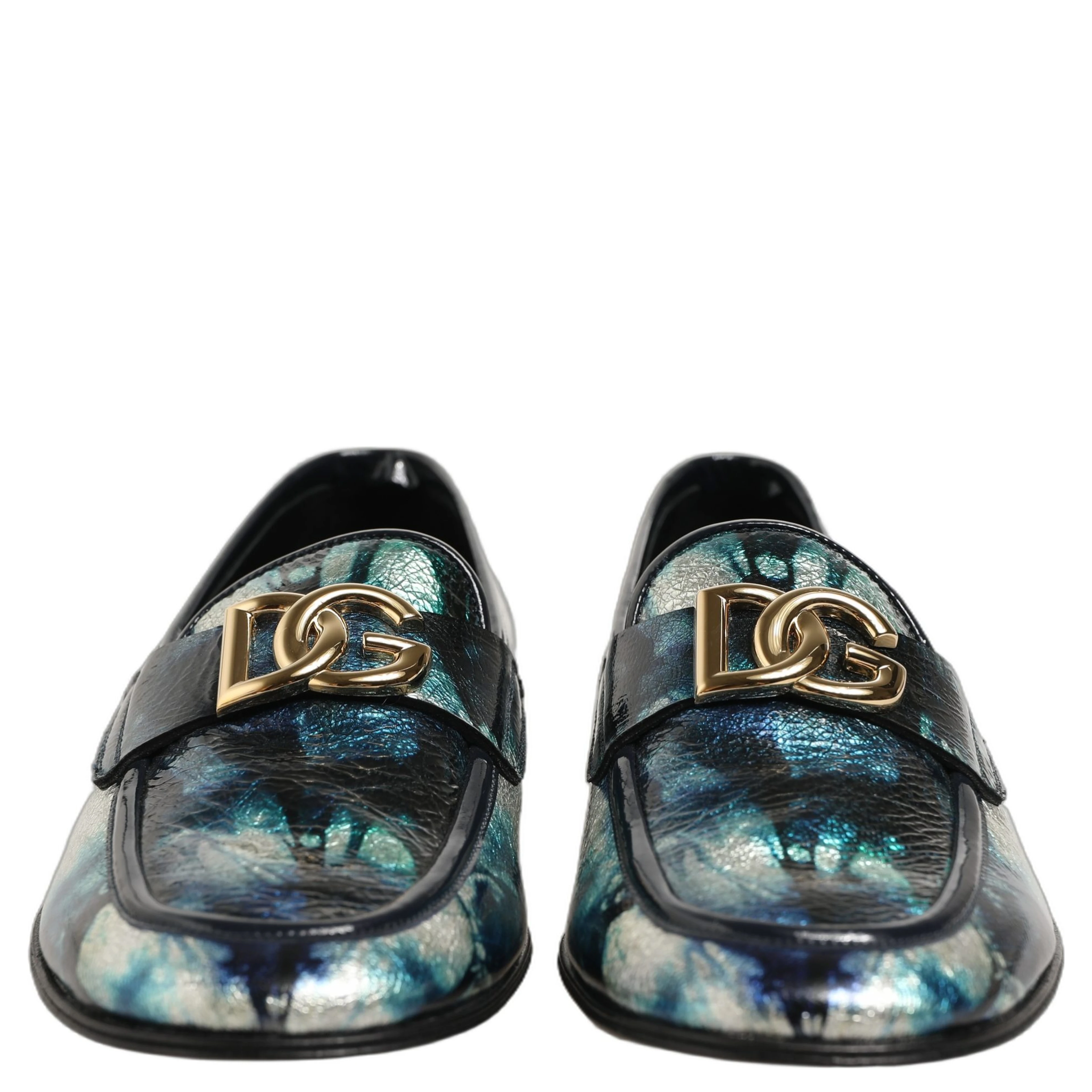 Metallic Blue Silver Leather DG Loafers Shoes