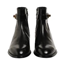 Black Leather Buckle Mid Calf Boots Shoes