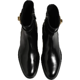 Black Leather Buckle Mid Calf Boots Shoes