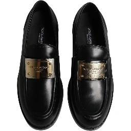 Black Leather Logo Plaque Loafers Shoes
