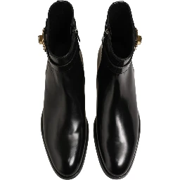 Black Leather Buckle Mid Calf Boots Shoes