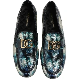 Metallic Blue Silver Leather DG Loafers Shoes