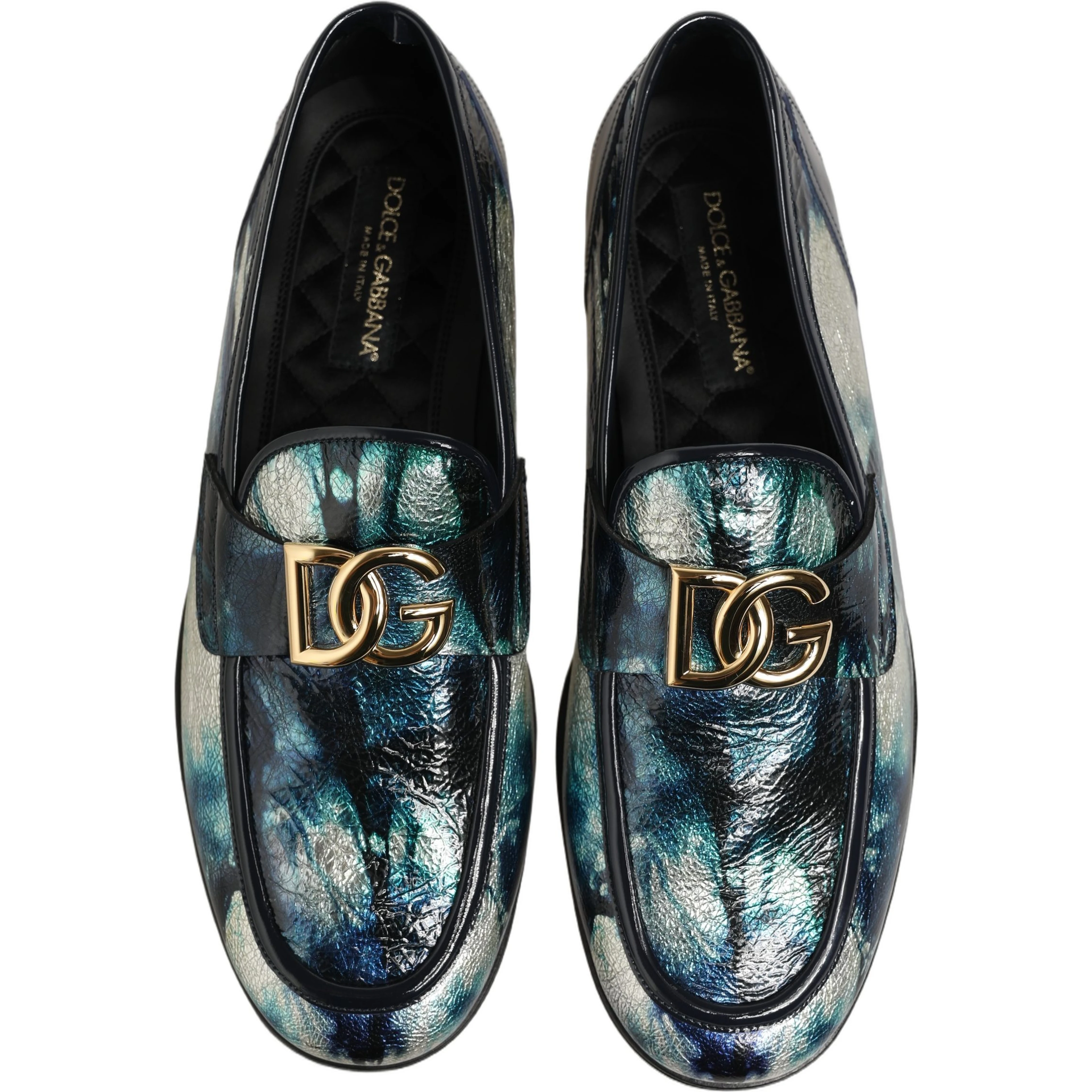 Metallic Blue Silver Leather DG Loafers Shoes