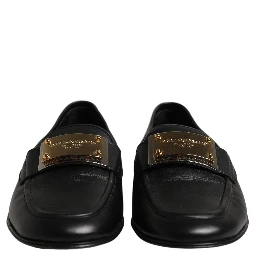 Black Leather Logo Plaque Loafers Men Shoes