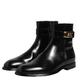 Black Leather Buckle Mid Calf Boots Shoes