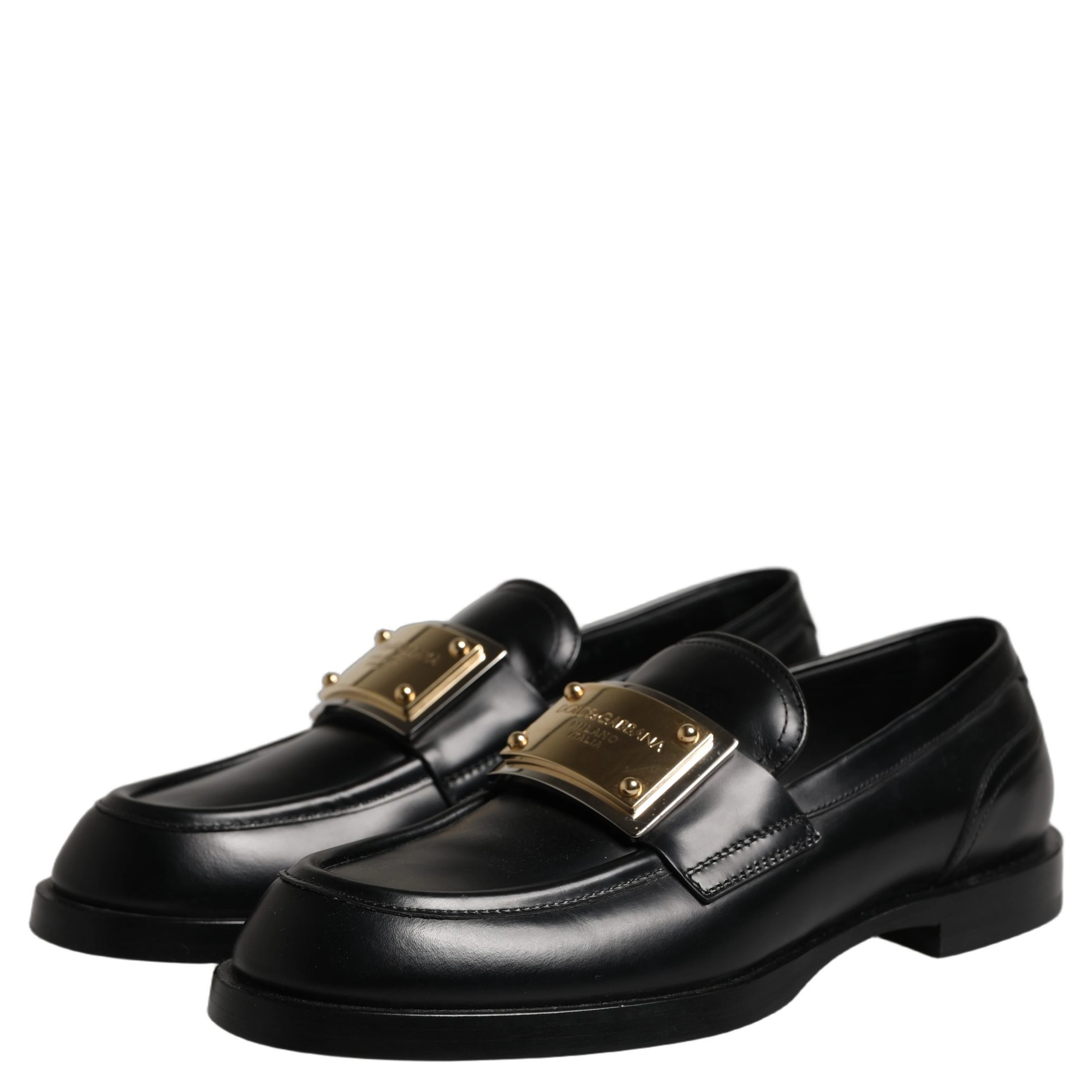 Black Leather Logo Plaque Loafers Shoes