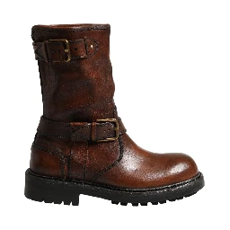 Brown Leather Mid Calf Biker Boots Shoes