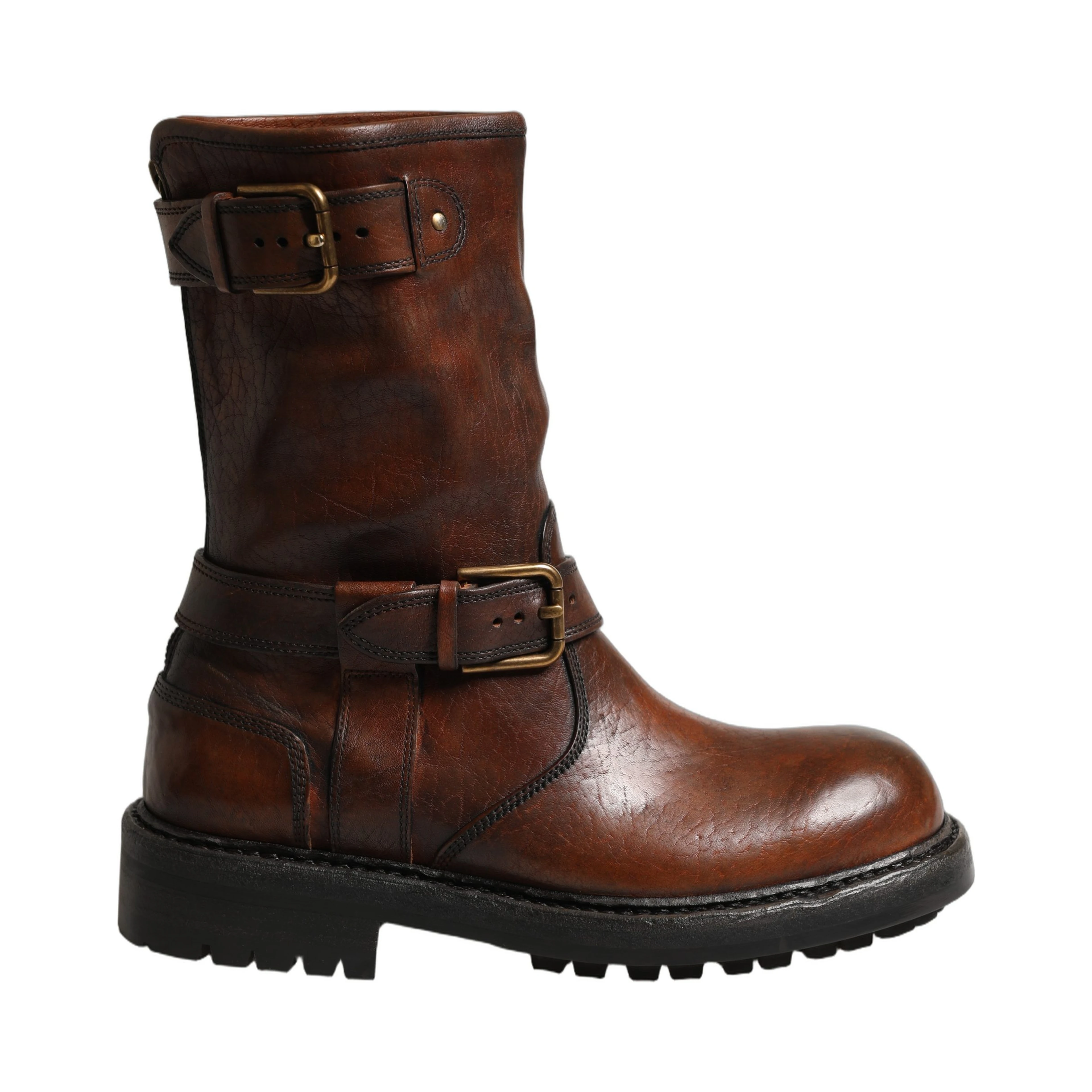 Brown Leather Mid Calf Biker Boots Shoes