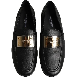 Black Leather Logo Plaque Loafers Men Shoes