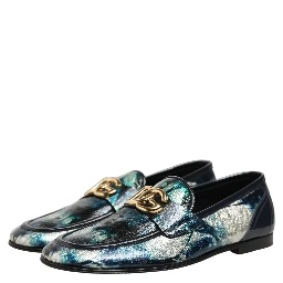 Metallic Blue Silver Leather DG Loafers Shoes