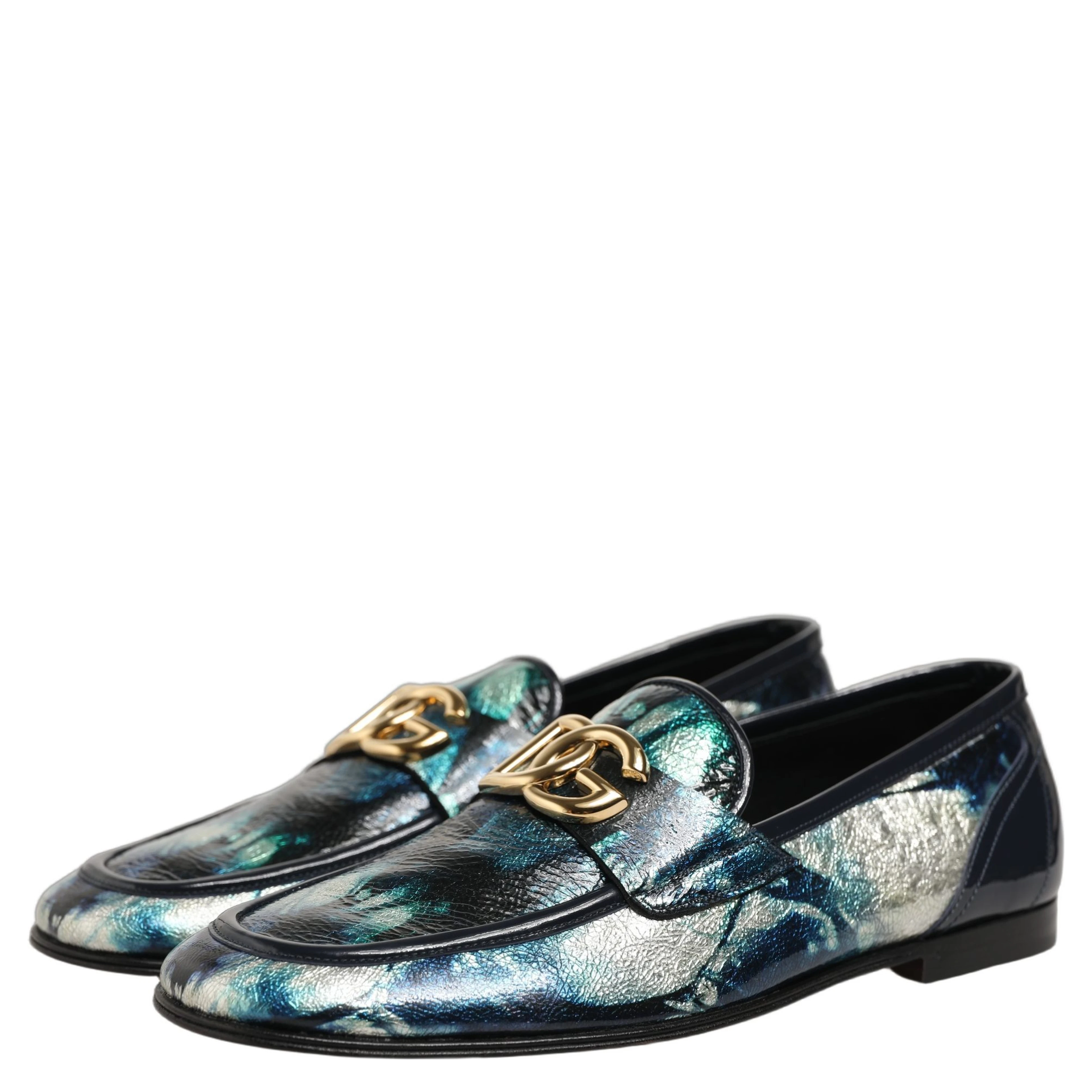 Metallic Blue Silver Leather DG Loafers Shoes