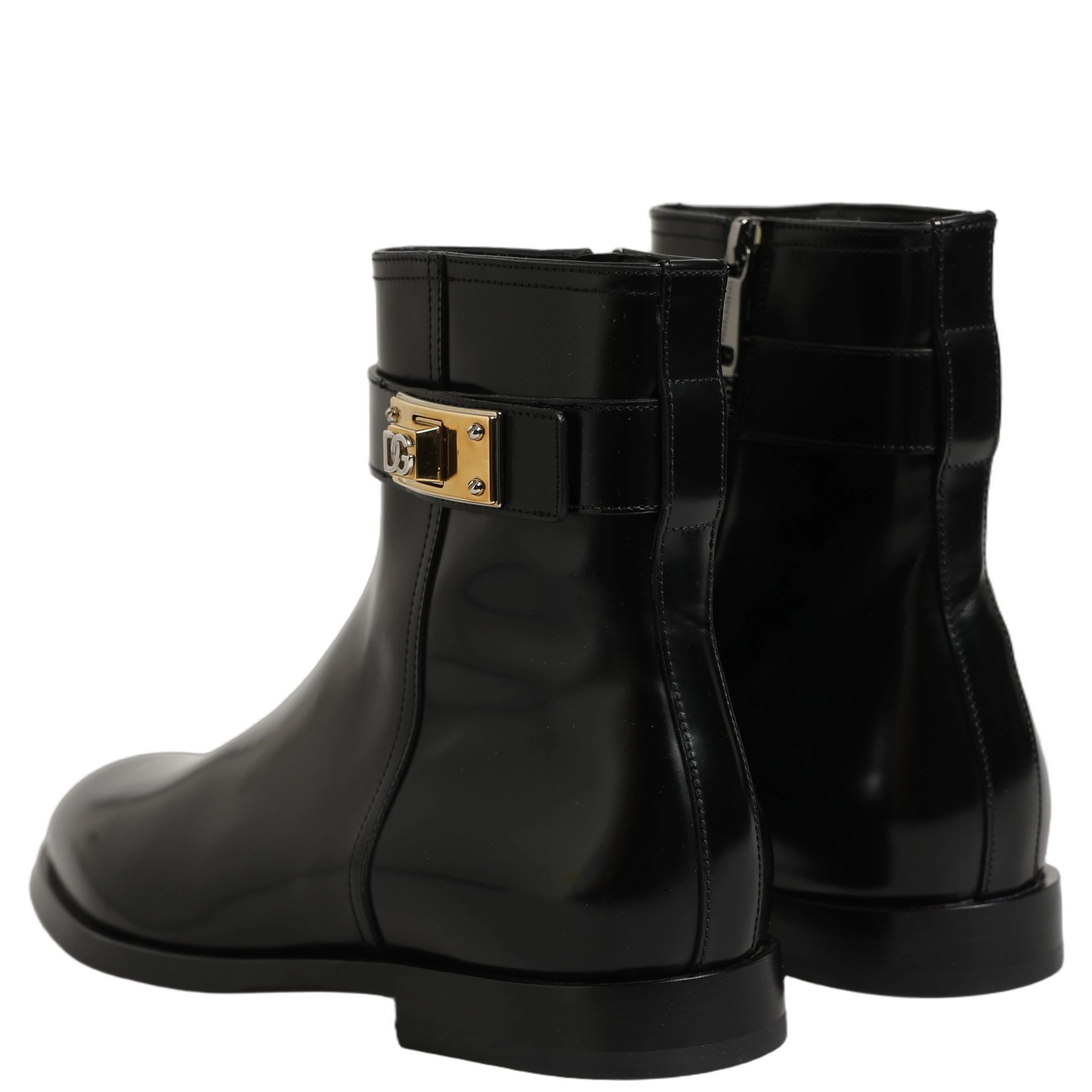 Black Leather Buckle Mid Calf Boots Shoes