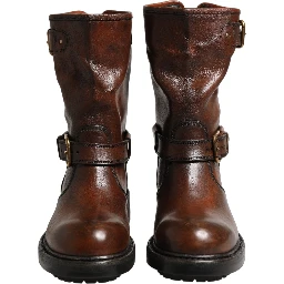 Brown Leather Mid Calf Biker Boots Shoes