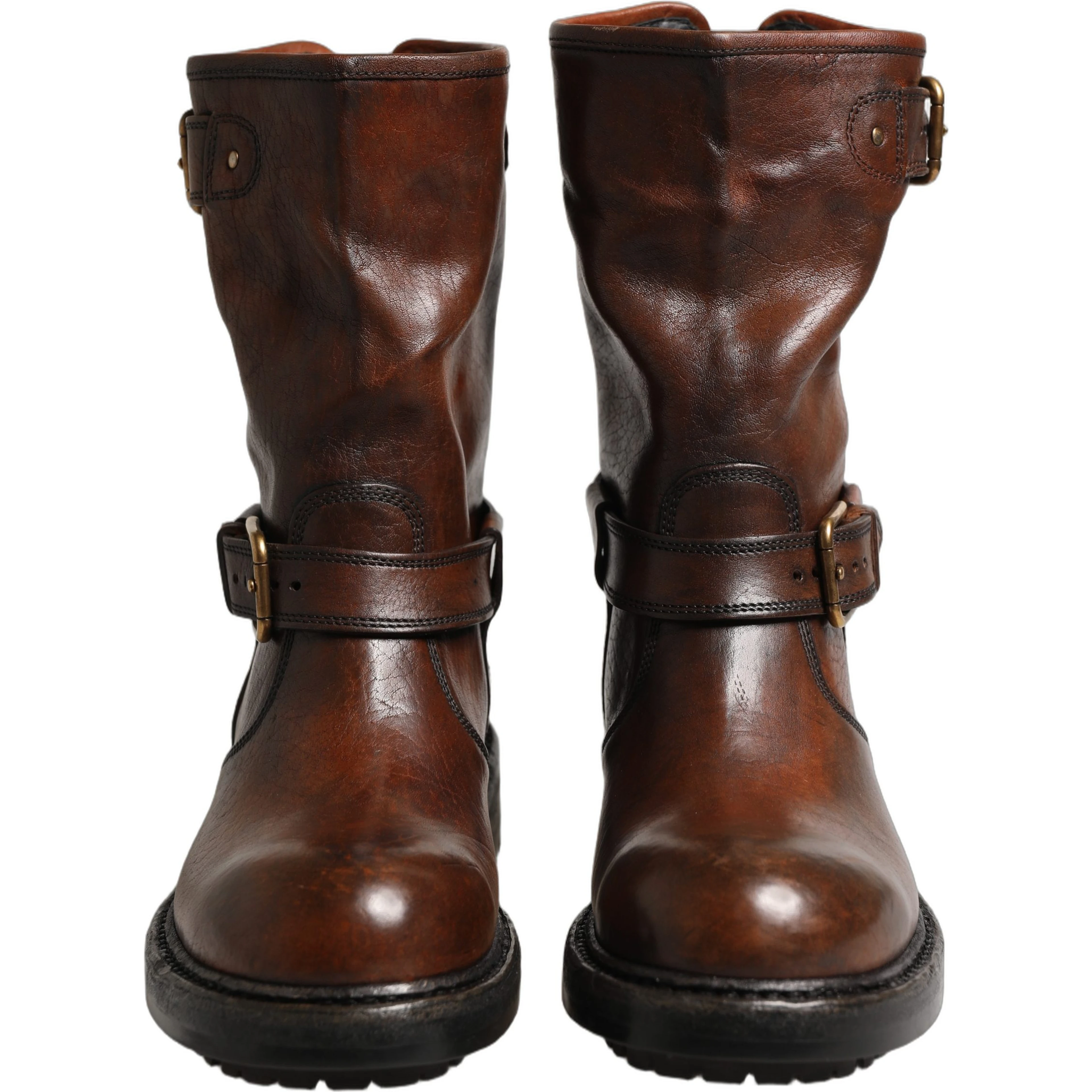 Brown Leather Mid Calf Biker Boots Shoes
