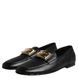 Black Leather Logo Plaque Loafers Men Shoes