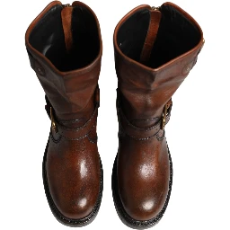 Brown Leather Mid Calf Biker Boots Shoes