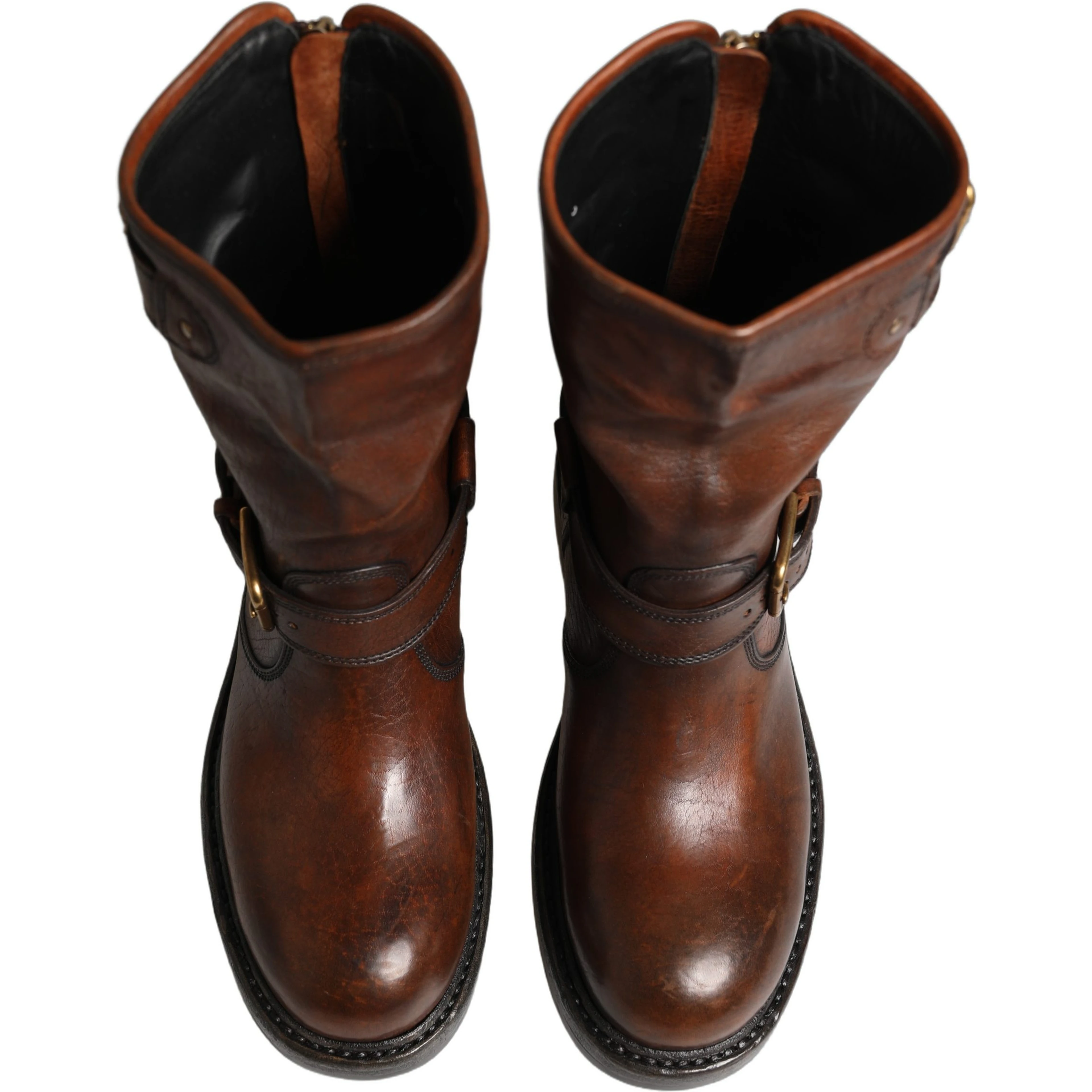 Brown Leather Mid Calf Biker Boots Shoes