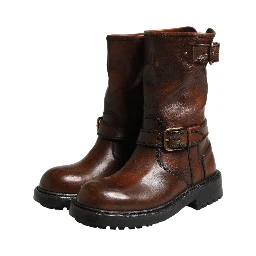 Brown Leather Mid Calf Biker Boots Shoes
