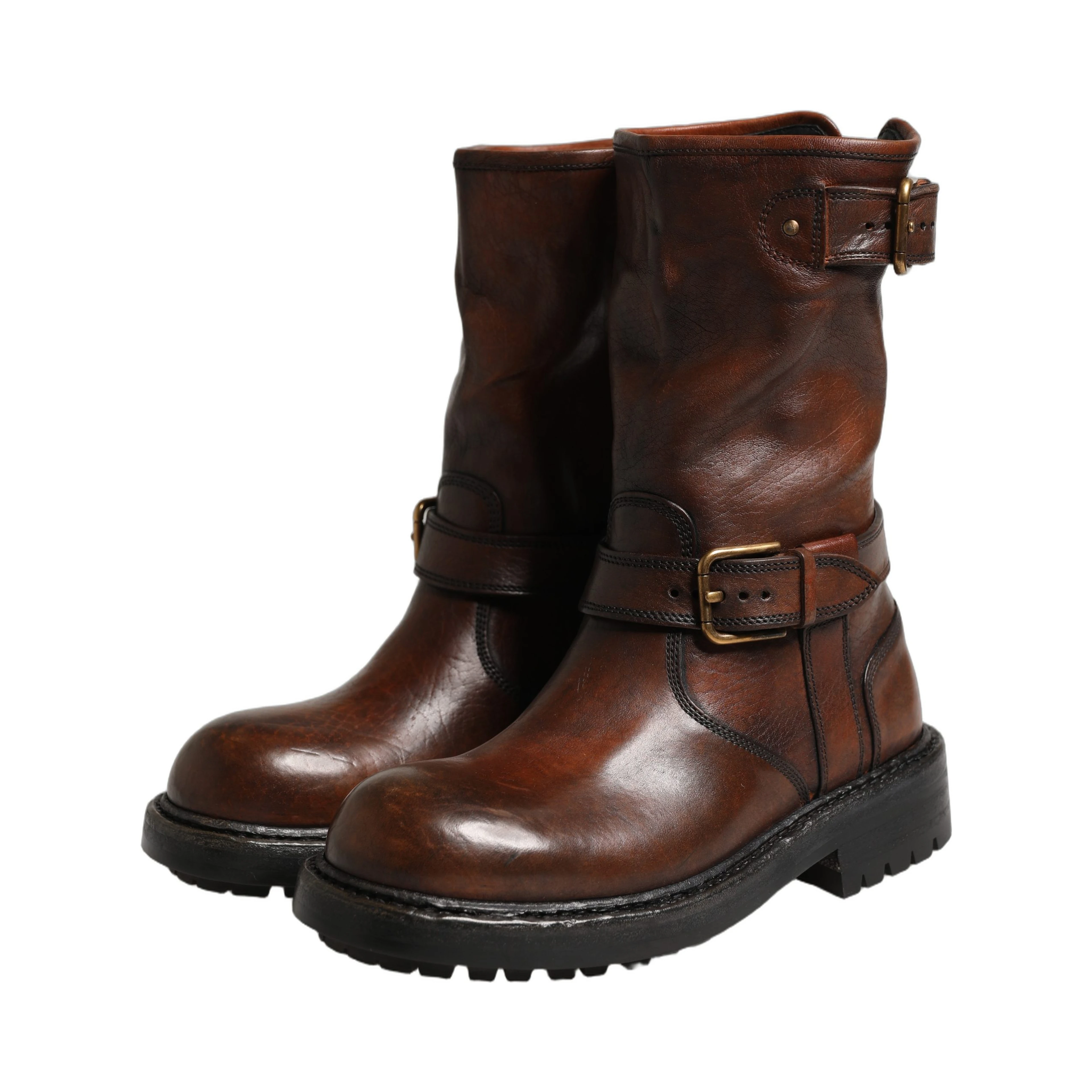 Brown Leather Mid Calf Biker Boots Shoes