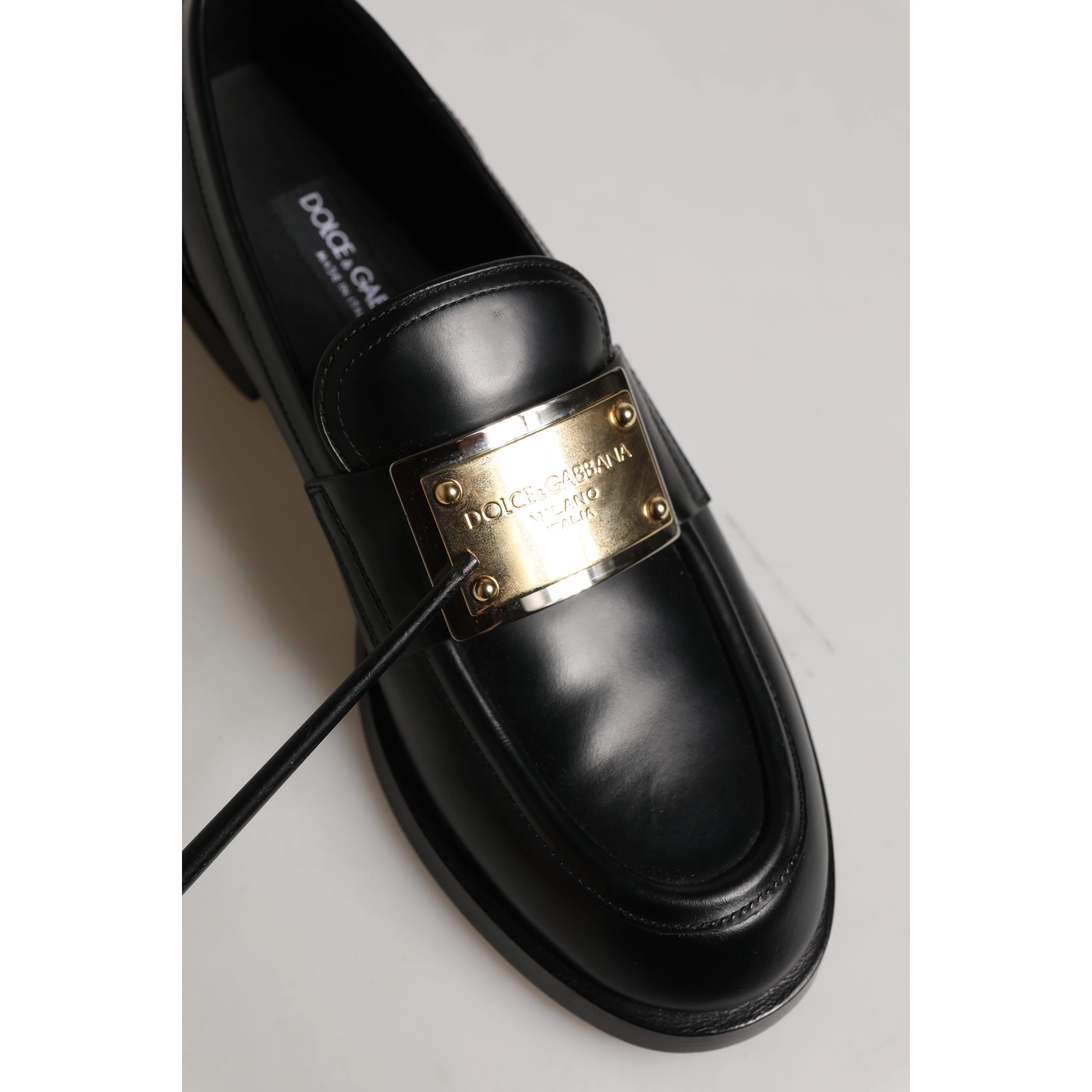Black Leather Logo Plaque Loafers Shoes