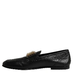 Black Leather Logo Plaque Loafers Men Shoes
