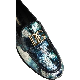 Metallic Blue Silver Leather DG Loafers Shoes